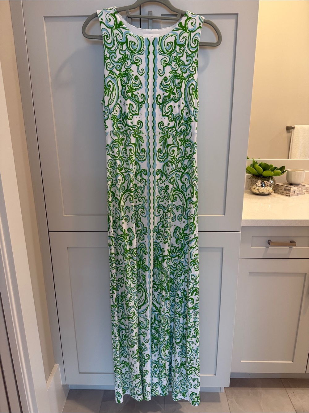 Lilly Pulitzer White Maxi Dress with Green Scroll Print